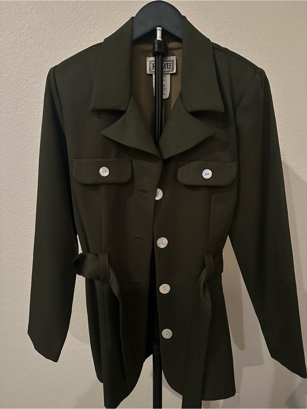 Vintage ECRU Olive Green Belted Jacket Size Medium